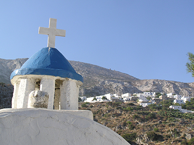 Image of the church of Agios Nikitas in Stroumbo looking towards Langatha, Amorgos